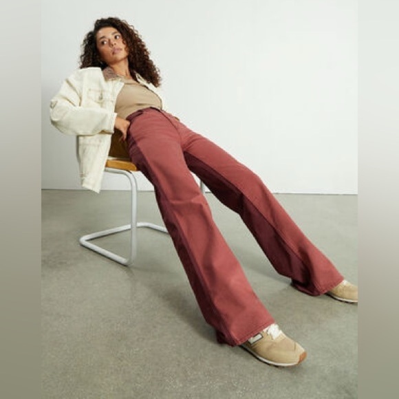 PacSun Denim - Maroon Burgundy High Rise wide leg baggy Flare Carpenter Jeans Pants twotoned 24
